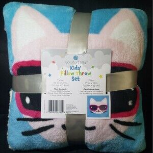 Comfort Bay 2PC Set Kids Soft Blanket Throw and Pillow Cool Kitty Cat Fleece